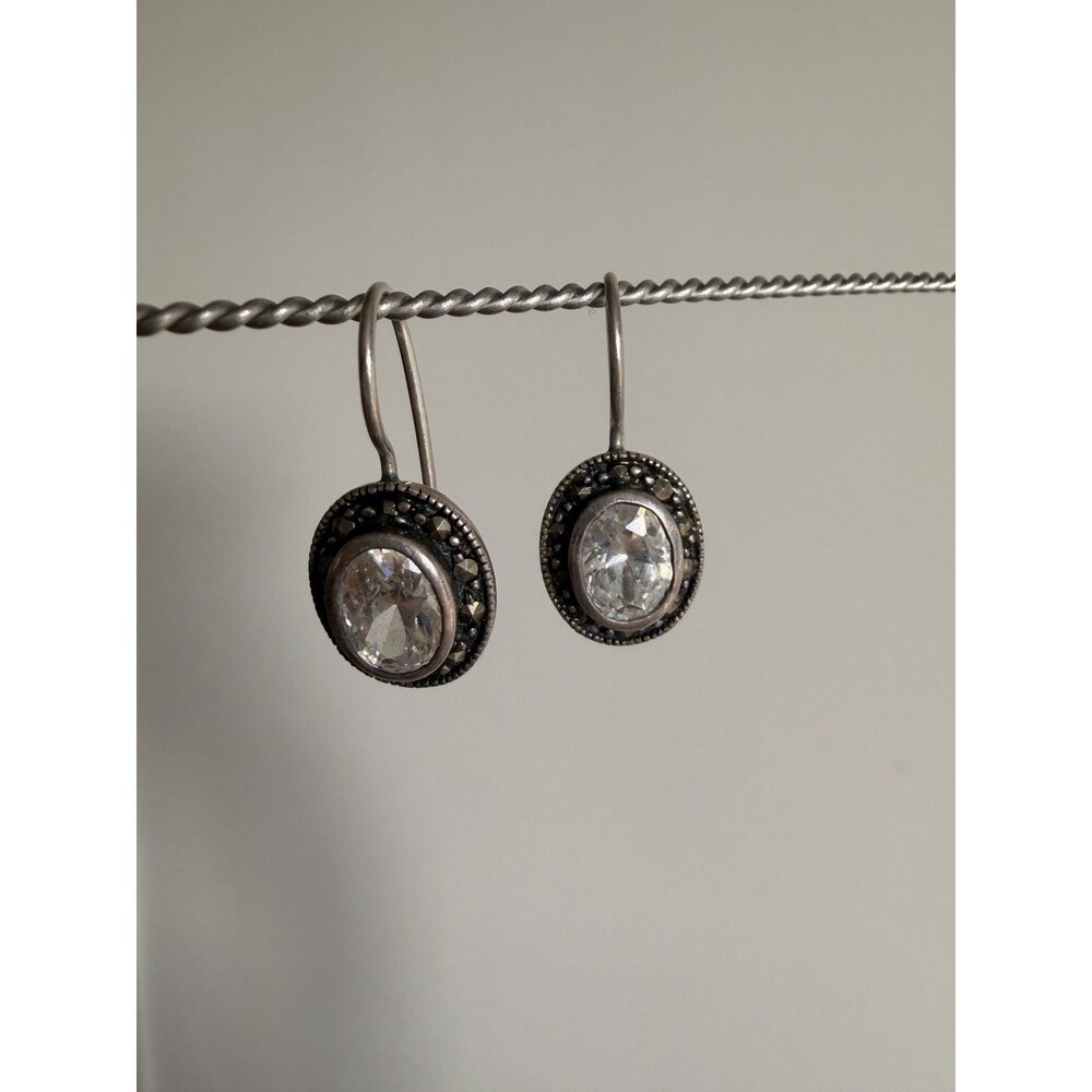 925 Sterling Silver CZ Marcasite Style Drop Dangle Earrings Vintage